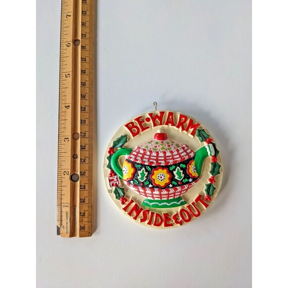 Vintage Mary Engelbreit Ornament Be Warm Inside and Out Teapot Holly Round Rare - Picture 5 of 5